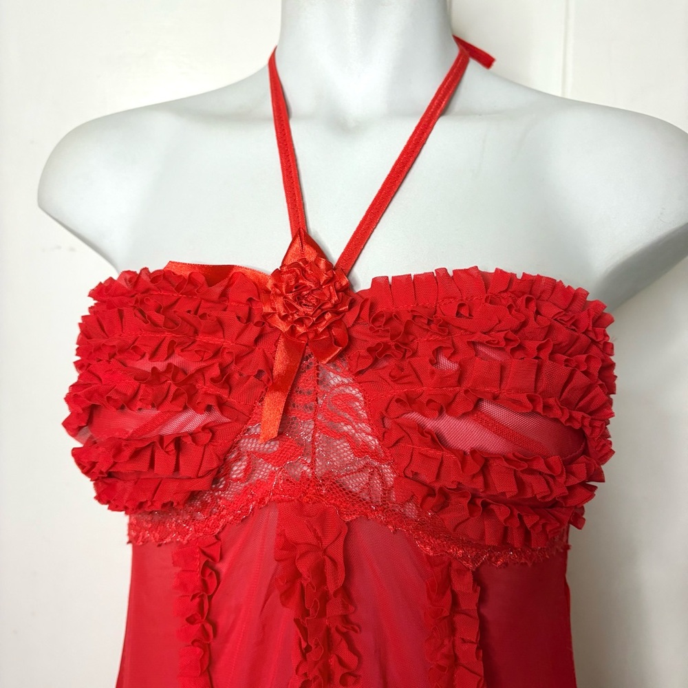 Red Split Front Babydoll Ruffled Mesh Halter Lingerie - Picture 2 of 7